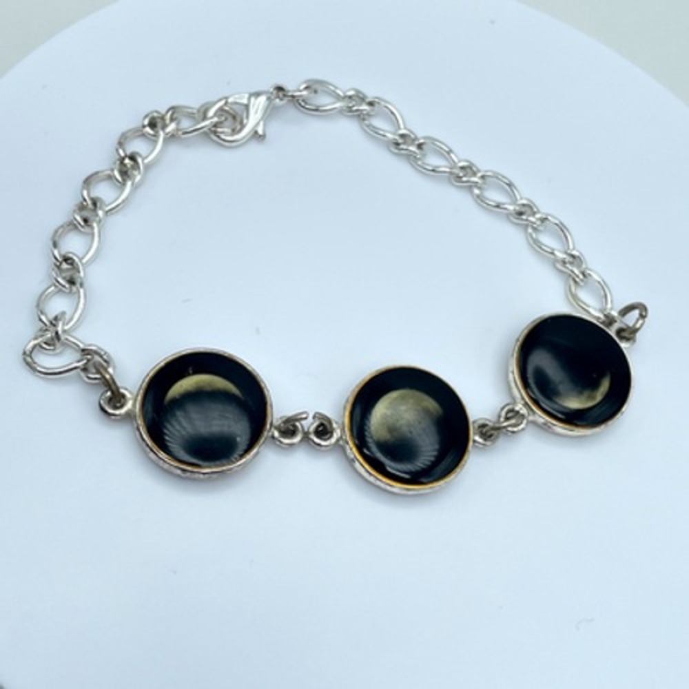 Silver-Tone Curb Link Chain Lunar Cycle Solar Eclipse Medallion Lobster Bracelet